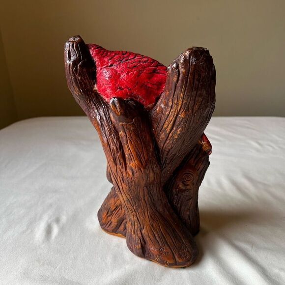 Vintage 70s Chalkware Statue Red Cardinal Perched in Tree Branch Hand Painted - Picture 4 of 12